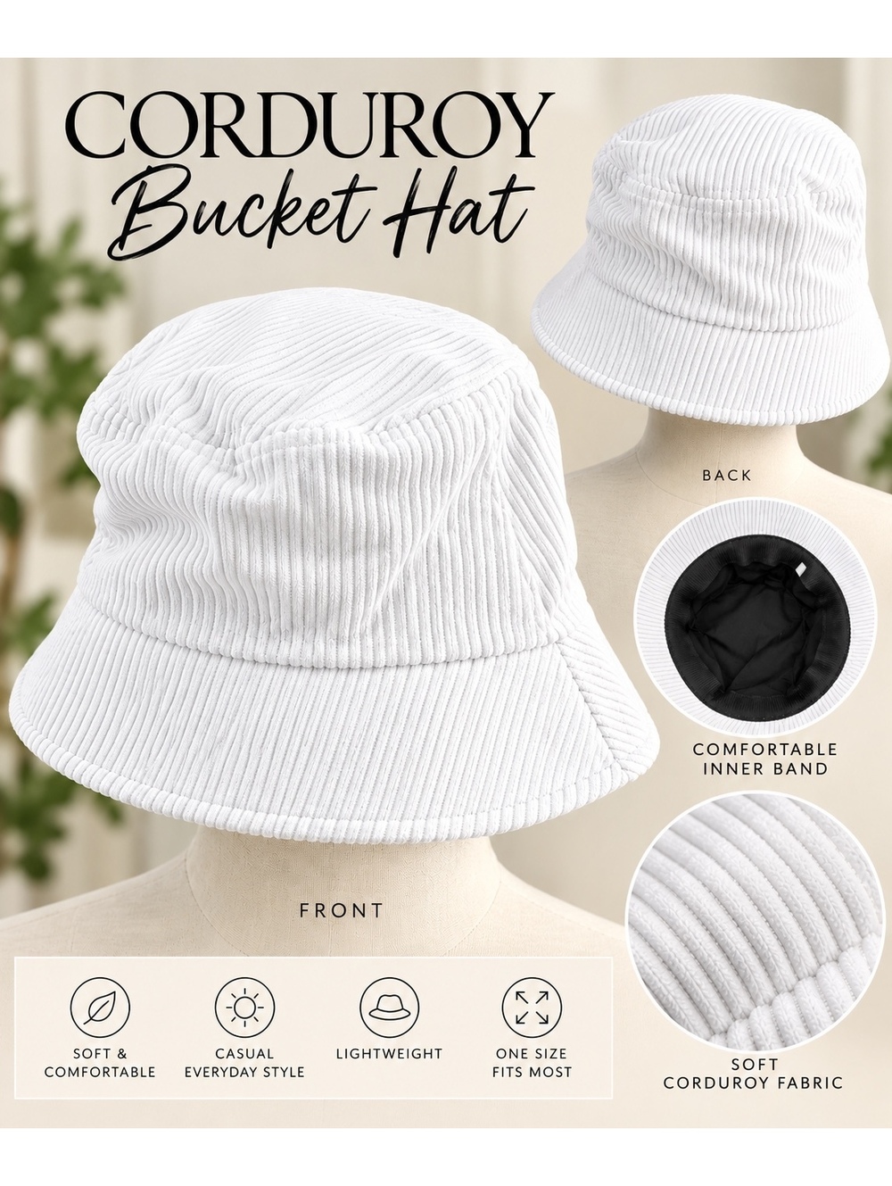 Corduroy Bucket Hat Soft Comfortable Casual Cotton